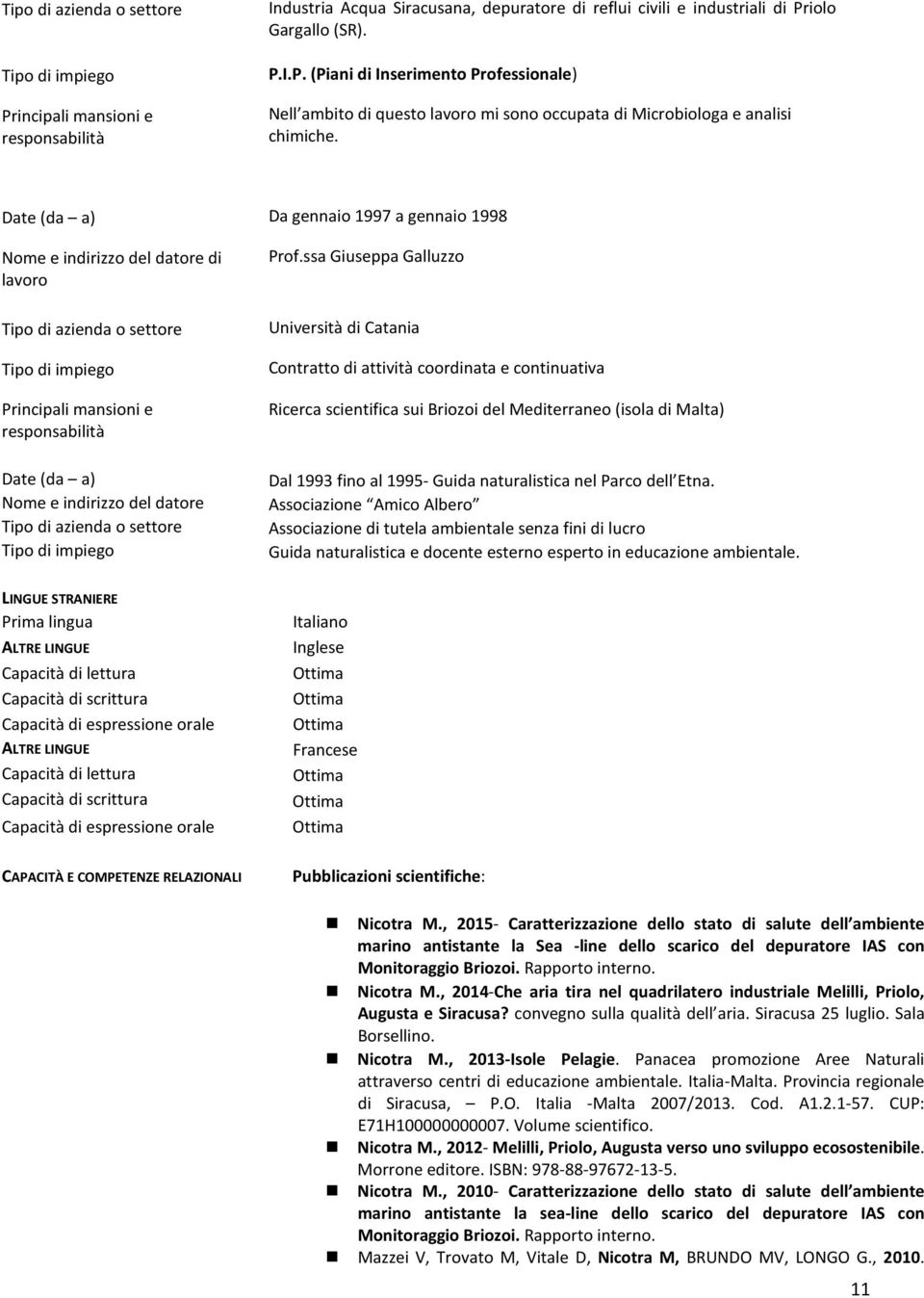 ssa Giuseppa Galluzzo Università di Catania Contratto di attività coordinata e continuativa Ricerca scientifica sui Briozoi del Mediterraneo (isola di Malta) Nome e indirizzo del datore Dal 1993 fino