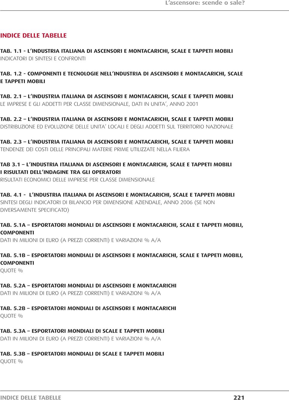 01 TAB. 2.2 L INDUSTRIA ITALIANA DI ASCENSORI E MONTACARICHI, SCALE E TAPPETI MOBILI DISTRIBUZIONE ED EVOLUZIONE DELLE UNITA LOCALI E DEGLI ADDETTI SUL TERRITORIO NAZIONALE TAB. 2.3 L INDUSTRIA ITALIANA DI ASCENSORI E MONTACARICHI, SCALE E TAPPETI MOBILI TENDENZE DEI COSTI DELLE PRINCIPALI MATERIE PRIME UTILIZZATE NELLA FILIERA TAB 3.