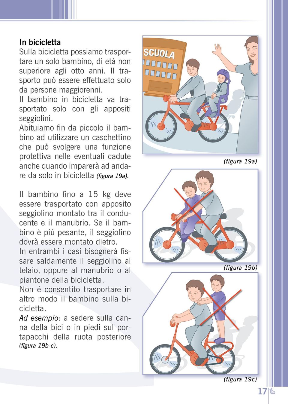 Abituiamo fin da piccolo il bambino ad utilizzare un caschettino che può svolgere una funzione protettiva nelle eventuali cadute anche quando imparerà ad andare da solo in bicicletta (figura 19a).