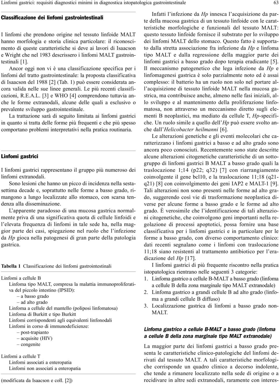 Ancor oggi non vi è una classificazione specifica per i linfomi del tratto gastrointestinale: la proposta classificativa di Isaacson del 1988 [2] (Tab.