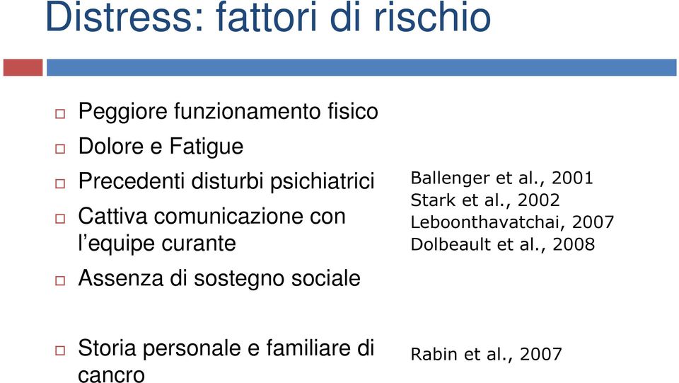 Assenza di sostegno sociale Ballenger et al., 2001 Stark et al.