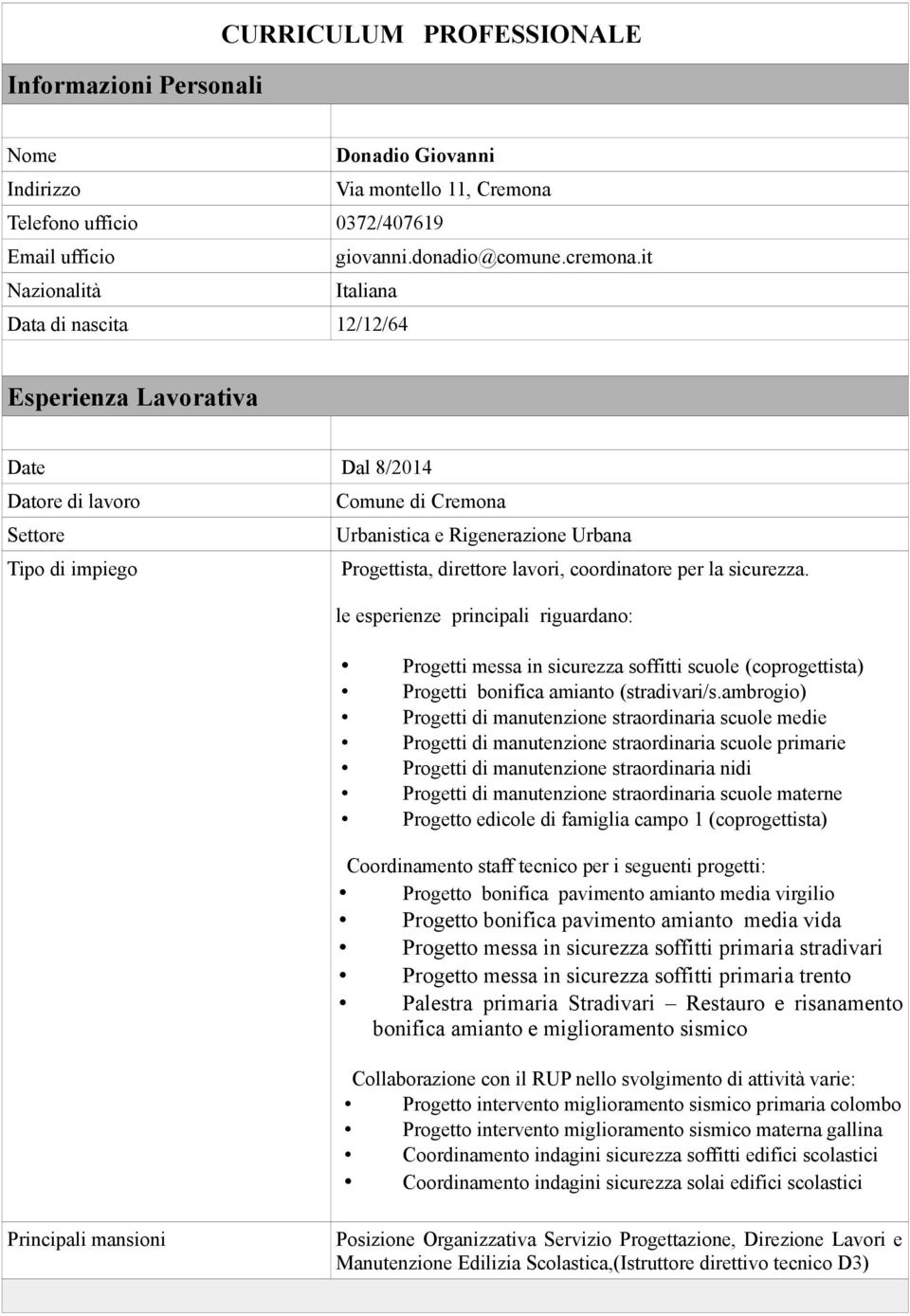 le esperienze principali riguardano: Progetti messa in sicurezza soffitti scuole (coprogettista) Progetti bonifica amianto (stradivari/s.