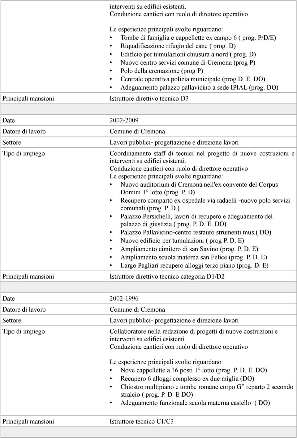 D) Nuovo centro servizi comune di Cremona (prog P) Polo della cremazione (prog P) Centrale operativa polizia municipale (prog D. E. DO) Adeguamento palazzo pallavicino a sede IPIAL (prog.