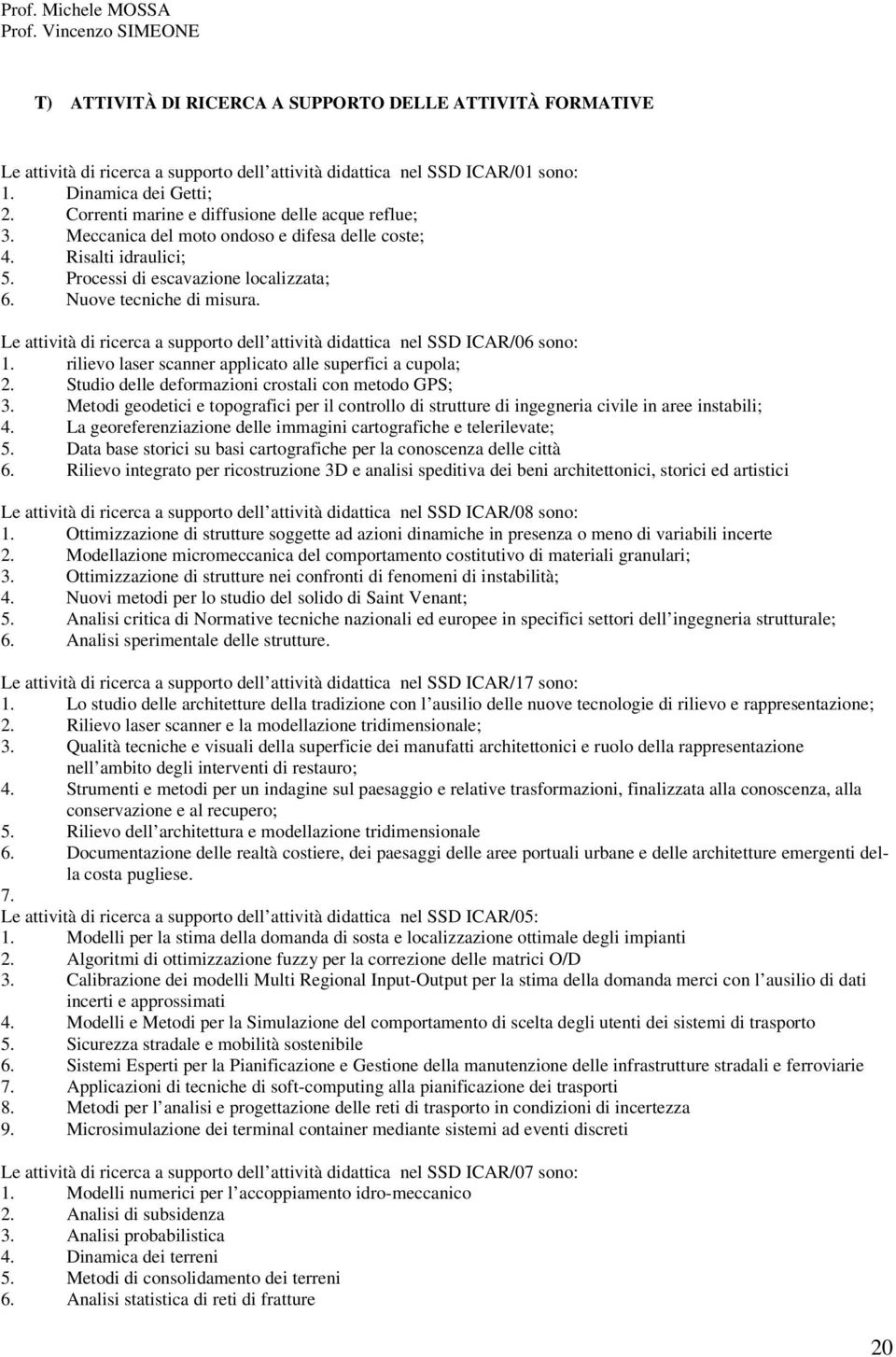 Nuove tecniche di misura. Le attività di ricerca a supporto dell attività didattica nel SSD ICAR/0 sono: 1. rilievo laser scanner applicato alle superfici a cupola; 2.