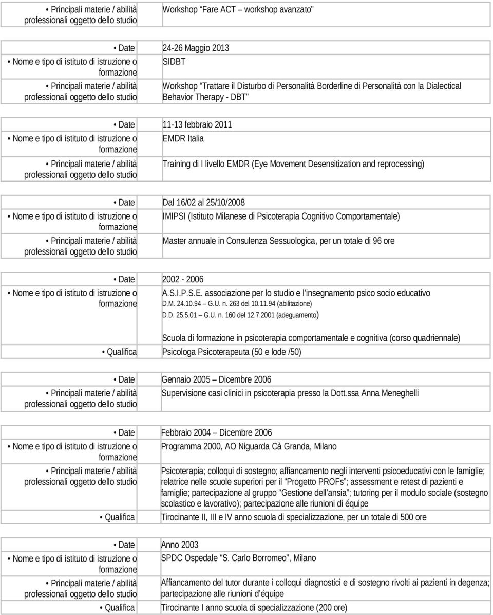 istituto di istruzione o IMIPSI (Istituto Milanese di Psicoterapia Cognitivo Comportamentale) Master annuale in Consulenza Sessuologica, per un totale di 96 ore Nome e tipo di istituto di istruzione