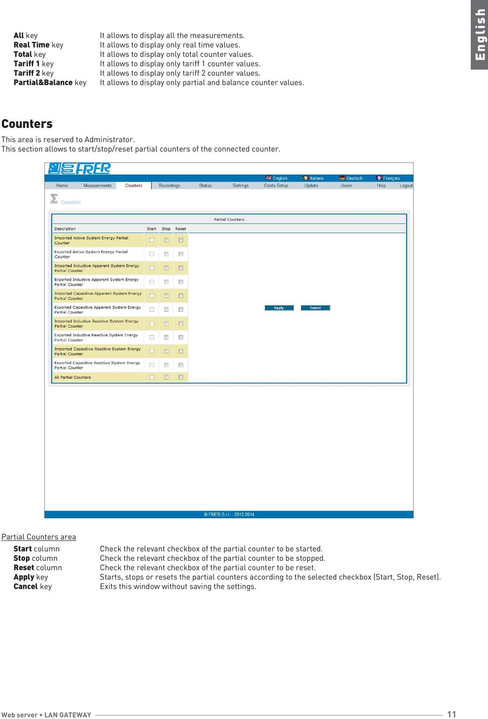 It allows to display only partial and balance counter values. English Counters This area is reserved to Administrator.