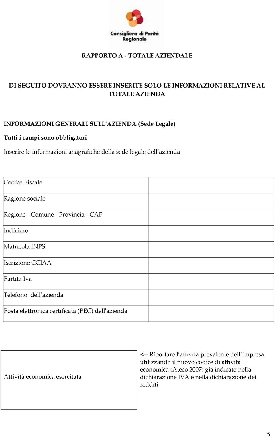 Indirizzo Matricola INPS Iscrizione CCIAA Partita Iva Telefono dell azienda Posta elettronica certificata (PEC) dell'azienda Attività economica esercitata <--