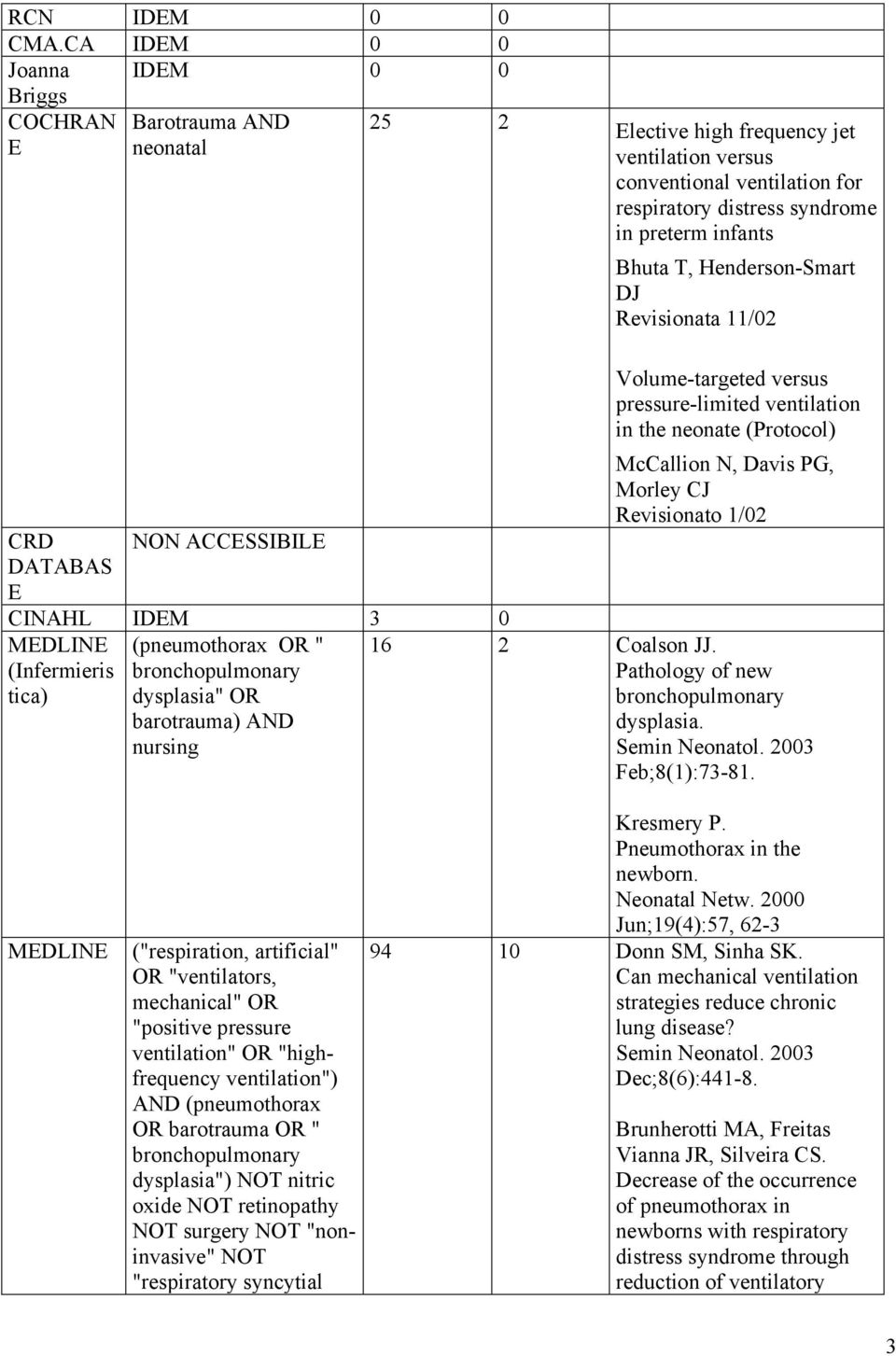 Bhuta T, Henderson-Smart DJ Revisionata 11/02 CRD DATABAS E NON ACCESSIBILE CINAHL IDEM 3 0 MEDLINE (Infermieris tica) (pneumothorax OR " bronchopulmonary dysplasia" OR barotrauma) AND nursing