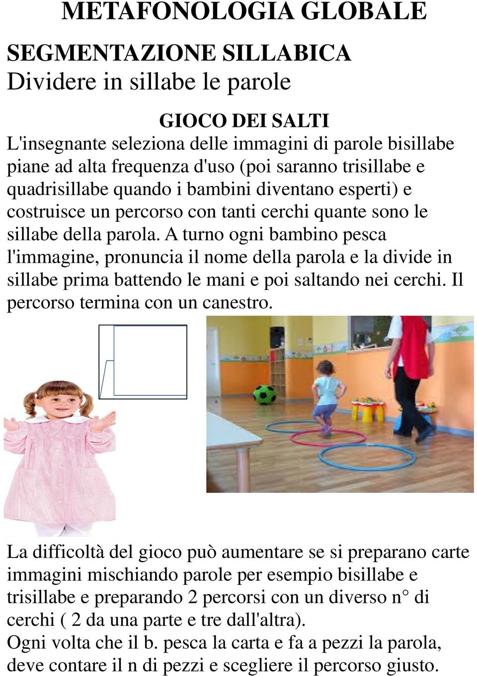 A turno ogni bambino pesca l'immagine, pronuncia il nome della parola e la divide in sillabe prima battendo le mani e poi saltando nei cerchi. Il percorso termina con un canestro.