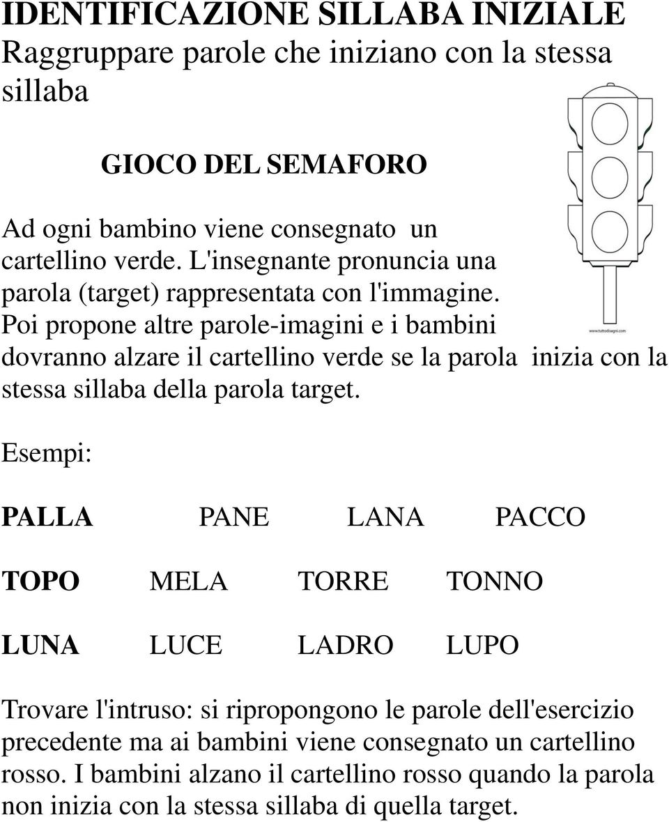 Poi propone altre parole-imagini e i bambini dovranno alzare il cartellino verde se la parola inizia con la stessa sillaba della parola target.