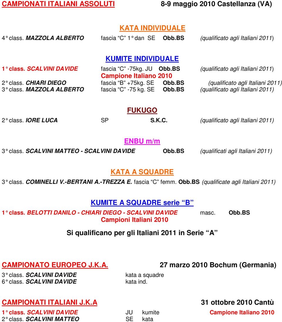 IORE LUCA SP S.K.C. (qualificato agli Italiani 2011) 3 class. SCALVINI MATTEO - SCALVINI DAVIDE Obb.BS (qualificati agli Italiani 2011) 3 class. COMINELLI V.-BERTANI A.-TREZZA E. fascia C femm. Obb.BS (qualificate agli Italiani 2011) serie B 1 class.