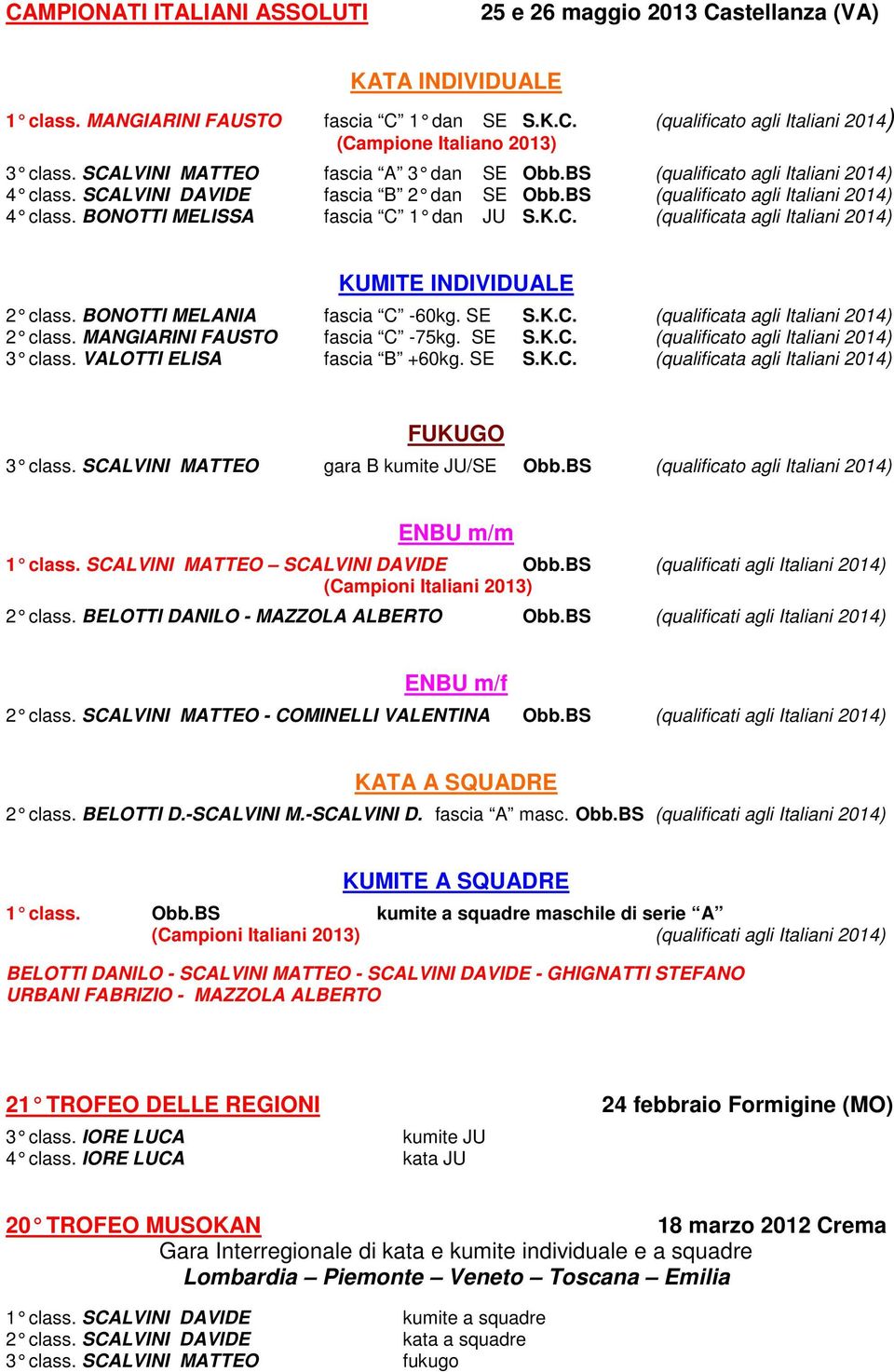 K.C. (qualificata agli Italiani 2014) 2 class. BONOTTI MELANIA fascia C -60kg. SE S.K.C. (qualificata agli Italiani 2014) 2 class. MANGIARINI FAUSTO fascia C -75kg. SE S.K.C. (qualificato agli Italiani 2014) 3 class.