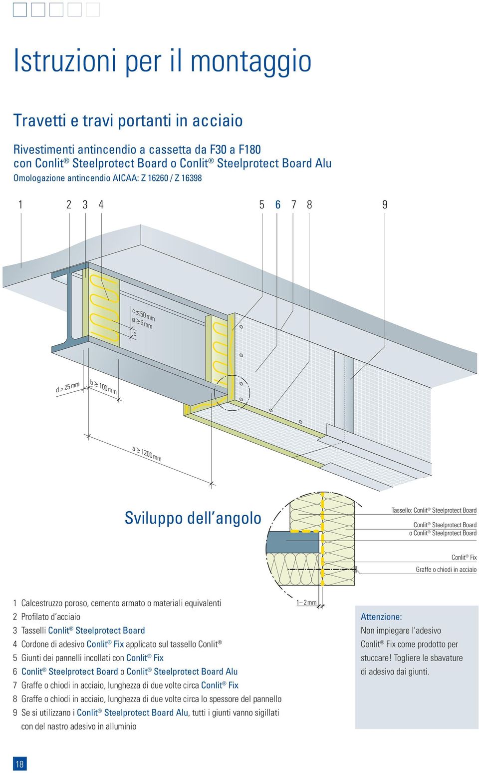 Steelprotect Board Conlit Fix Graffe o chiodi in acciaio 1 Calcestruzzo poroso, cemento armato o materiali equivalenti 2 Profilato d acciaio 3 Tasselli Conlit Steelprotect Board 4 Cordone di adesivo