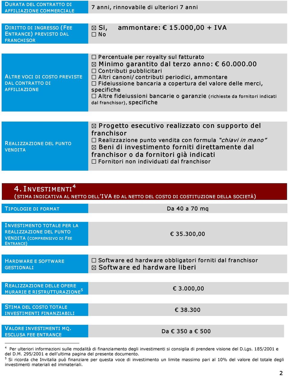 contributi periodici, ammontare Fideiussione bancaria a copertura del valore delle merci, specifiche Altre fideiussioni bancarie o garanzie (richieste da fornitori indicati dal franchisor),