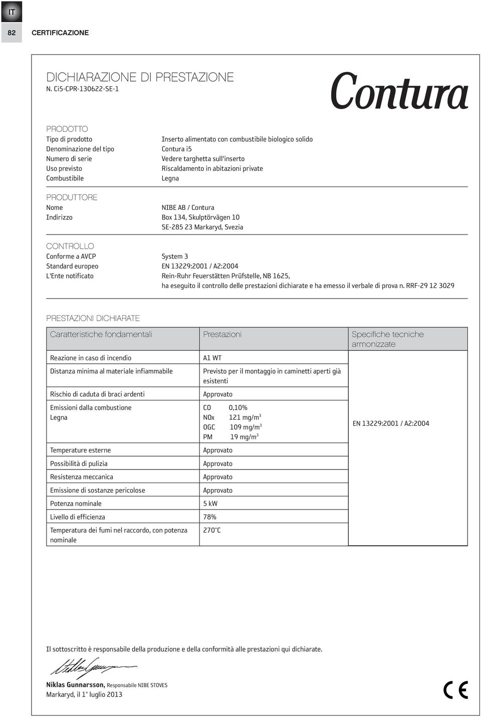 sull'inserto Riscaldamento in abitazioni private Legna PRODUTTORE Nome NIBE AB / Contura Indirizzo Box 134, Skulptörvägen 10 SE-285 23 Markaryd, Svezia CONTROLLO Conforme a AVCP System 3 Standard