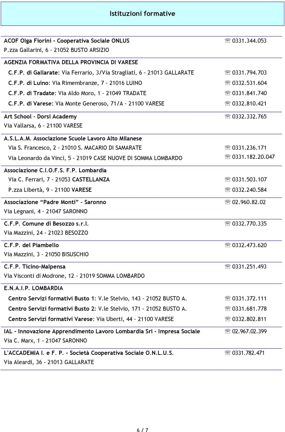 S.L.A.M. Associazione Scuole Lavoro Alto Milanese Via S. Francesco, 2 21010 S. MACARIO DI SAMARATE Via Leonardo da Vinci, 5 21019 CASE NUOVE DI SOMMA LOMBARDO Associazione C.I.O.F.S. F.P.