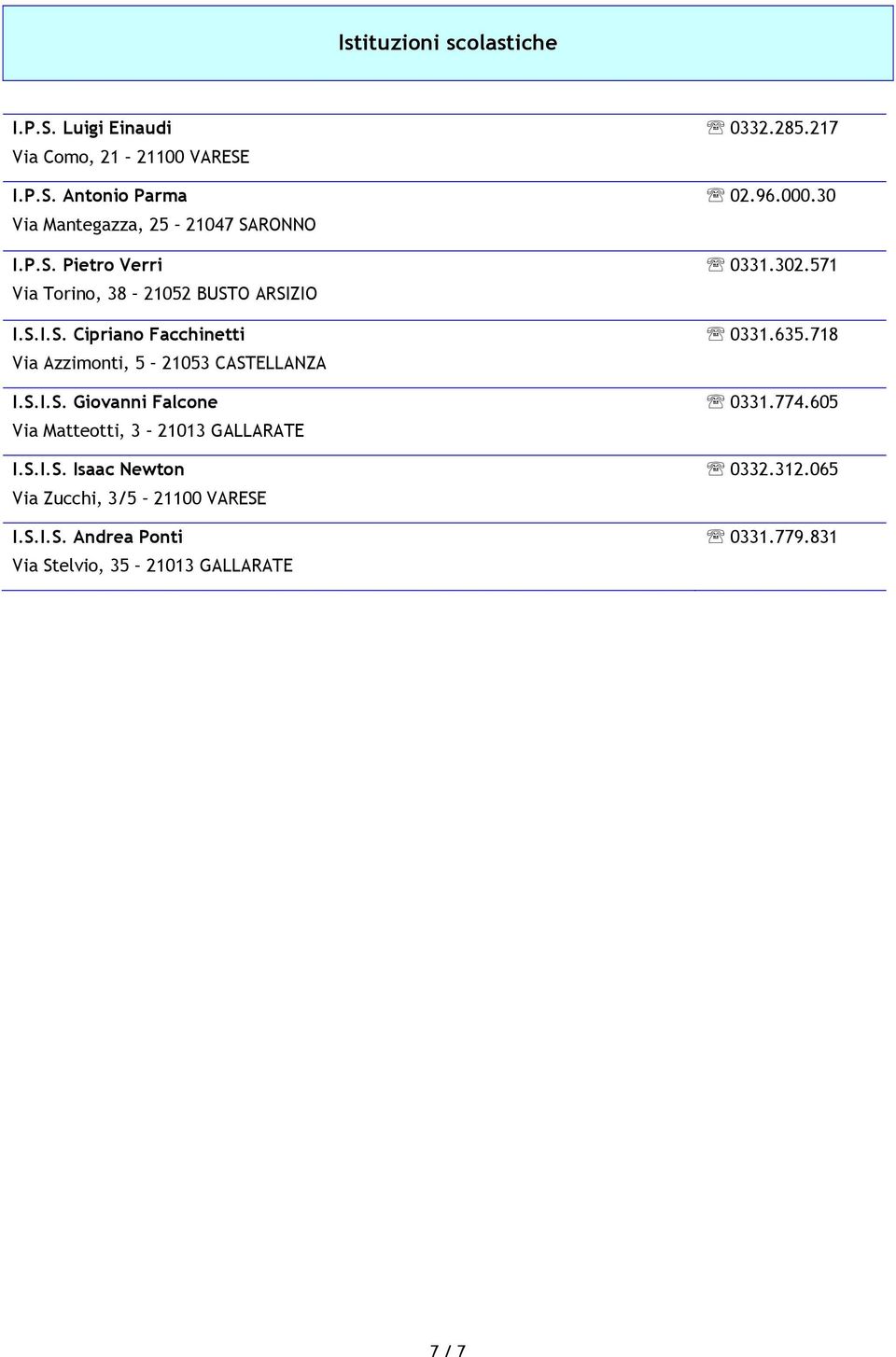 S.I.S. Isaac Newton Via Zucchi, 3/5 21100 VARESE I.S.I.S. Andrea Ponti Via Stelvio, 35 21013 GALLARATE 0332.285.217 02.96.000.
