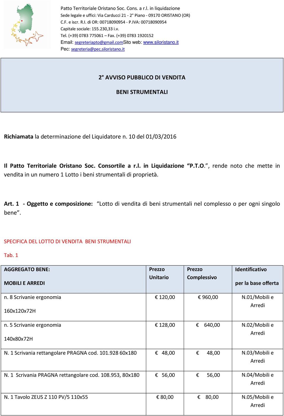 1 - Oggetto e composizione: Lotto di vendita di beni strumentali nel complesso o per ogni singolo bene. SPECIFICA DEL LOTTO DI VENDITA BENI STRUMENTALI Tab.