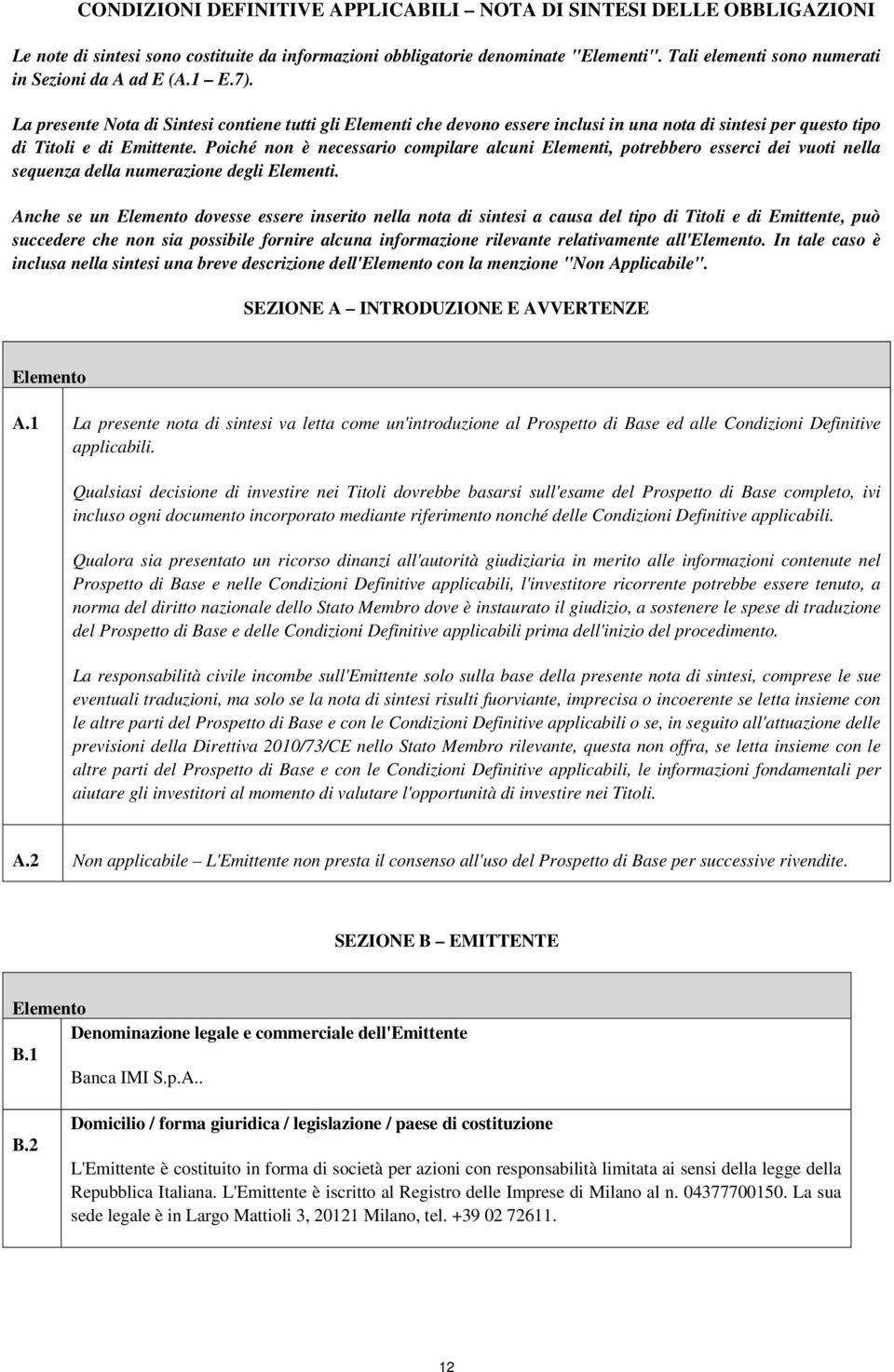 La presente Nota di Sintesi contiene tutti gli Elementi che devono essere inclusi in una nota di sintesi per questo tipo di Titoli e di Emittente.