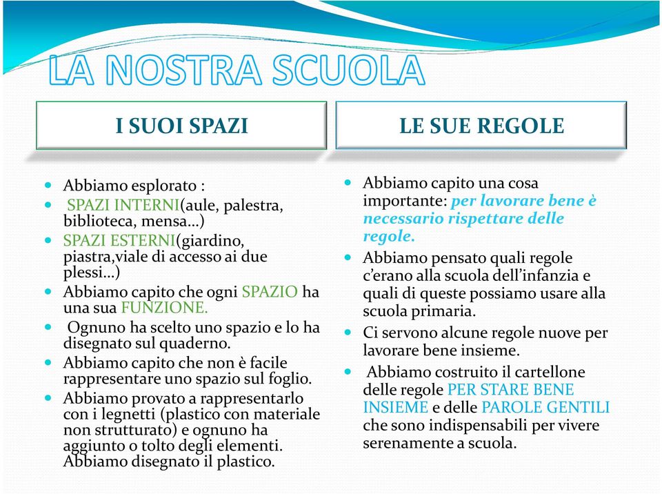 Abbiamo provato a rappresentarlo con i legnetti (plastico con materiale non strutturato) e ognuno ha aggiunto o tolto degli elementi. Abbiamo disegnato il plastico.