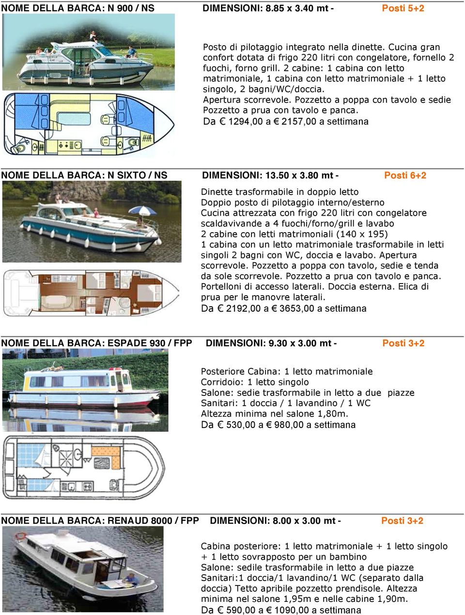 2 cabine: 1 cabina con letto matrimoniale, 1 cabina con letto matrimoniale + 1 letto singolo, 2 bagni/wc/doccia. Apertura scorrevole.