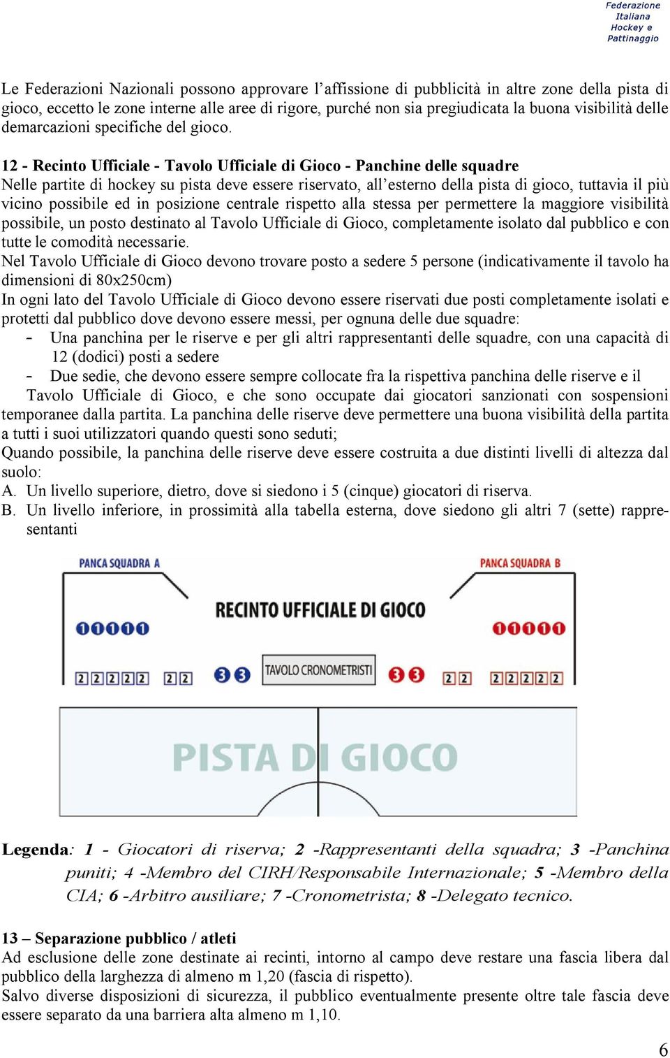 12 - Recinto Ufficiale - Tavolo Ufficiale di Gioco - Panchine delle squadre Nelle partite di hockey su pista deve essere riservato, all esterno della pista di gioco, tuttavia il più vicino possibile