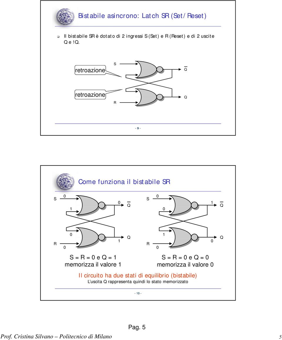 . retroazione S retroazione R 9 Come funziona il bistabile SR S 1 S 1 R 1 S = R = e = 1 S = R = e =