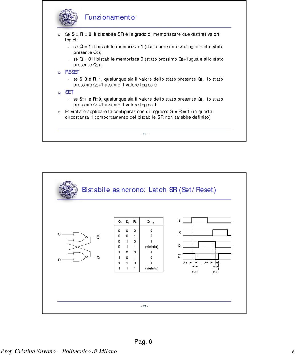 valore logico SET se S=1 e R=, qualunque sia il valore dello stato presente t, lo stato prossimo t+1 assume il valore logico 1 E vietato applicare la configurazione di ingresso S =