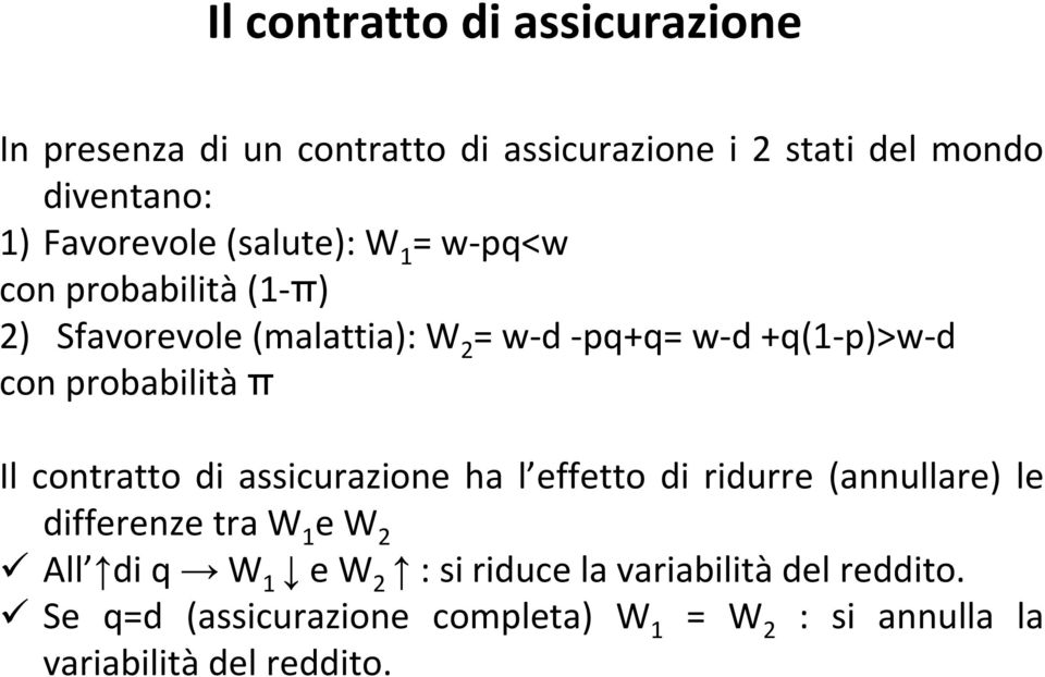 probabilità π Il contratto di assicurazione ha l effetto di ridurre (annullare) le differenze tra W 1 e W 2 All di q W