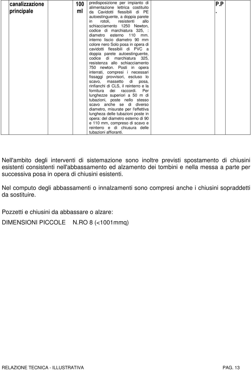 autoestinguente, codice di marchiatura 325, resistenza allo schiacciamento 750 newton Posti in opera interrati, compresi i necessari fissaggi provvisori, escluso lo scavo, massetto di posa,