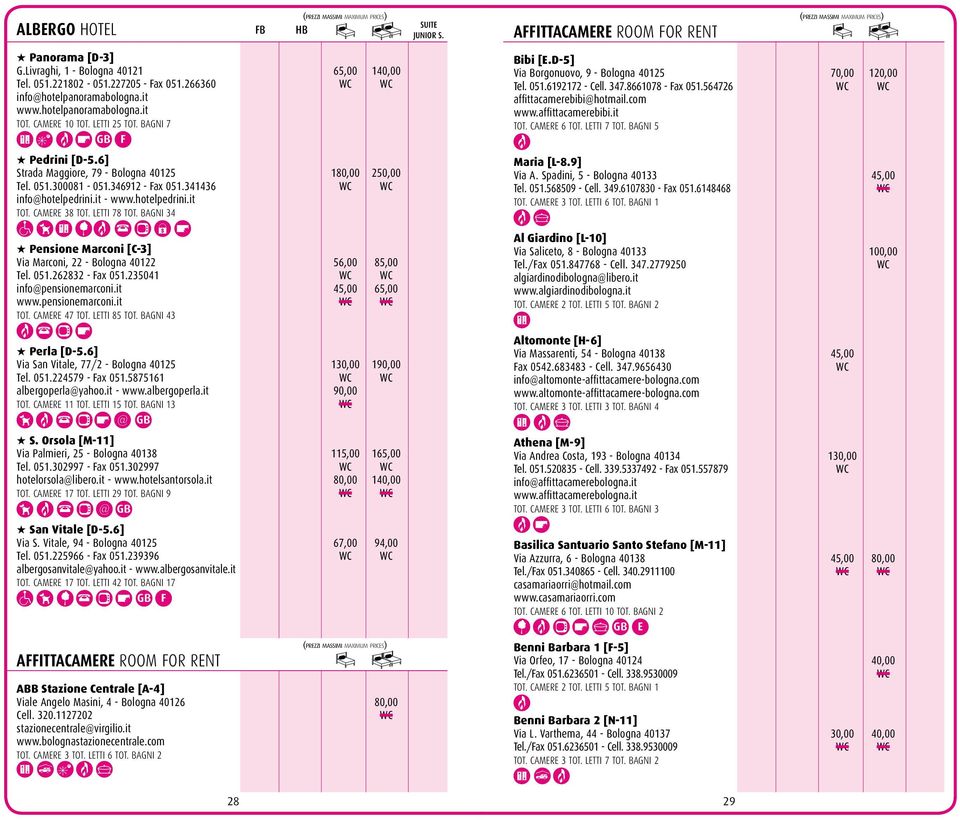 affittacamerebibi.it tot. camere 6 tot. letti 7 tot. Bagni 5 H Pedrini [D-5.6] Strada Maggiore, 79 - Bologna 40125 180,00 250,00 Tel. 051.300081-051.346912 - Fax 051.341436 info@hotelpedrini.it - www.