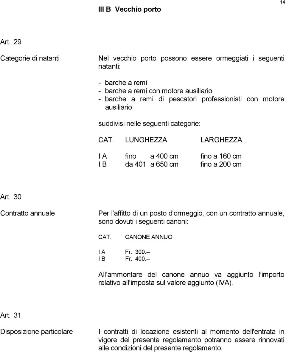 ausiliario suddivisi nelle seguenti categorie: CAT. LUNGHEZZA LARGHEZZA I A fino a 400 cm fino a 160 cm I B da 401 a 650 cm fino a 200 cm Art.