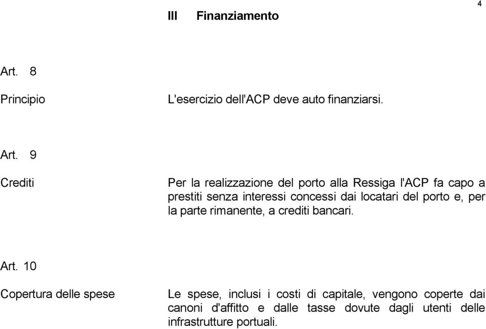 9 Crediti Per la realizzazione del porto alla Ressiga l'acp fa capo a prestiti senza interessi concessi dai