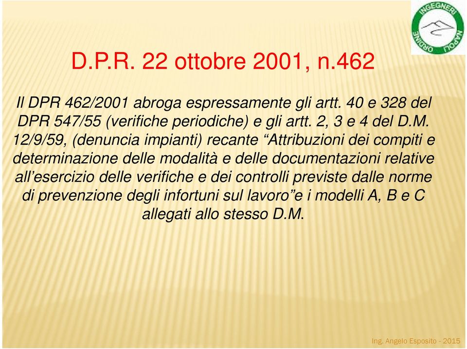 12/9/59, (denuncia impianti) recante Attribuzioni dei compiti e determinazione delle modalità e delle