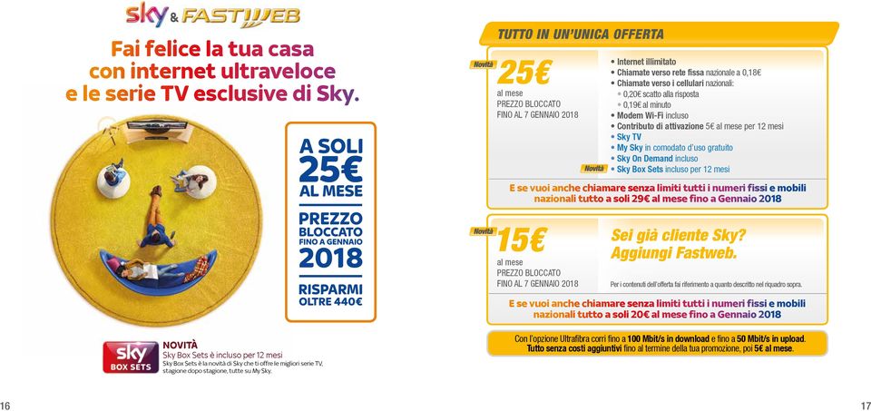 risposta 0,19 al minuto Modem Wi-Fi incluso Contributo di attivazione 5 al mese per 12 mesi Sky TV My Sky in comodato d uso gratuito Sky On Demand incluso Sky Box Sets incluso per 12 mesi E se vuoi