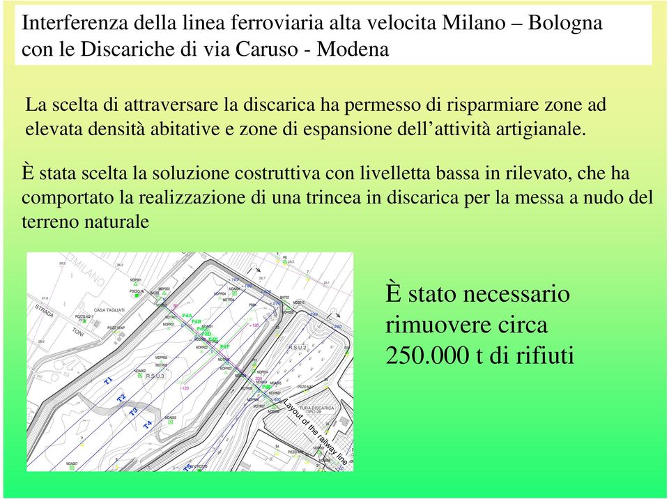 È stata scelta la soluzione costruttiva con livelletta bassa in rilevato, che ha comportato la realizzazione di una trincea in discarica per la messa a nudo del terreno naturale C 28,3 28,2