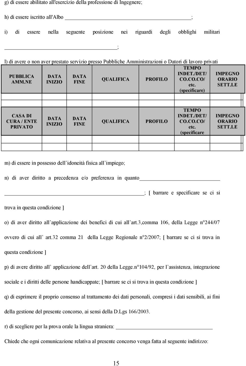 LE (specificare) CASA DI CURA / ENTE PRIVATO DATA INIZIO DATA FINE QUALIFICA PROFILO TEMPO INDET./DET/ CO.CO.CO/ etc. (specificare IMPEGNO ORARIO SETT.