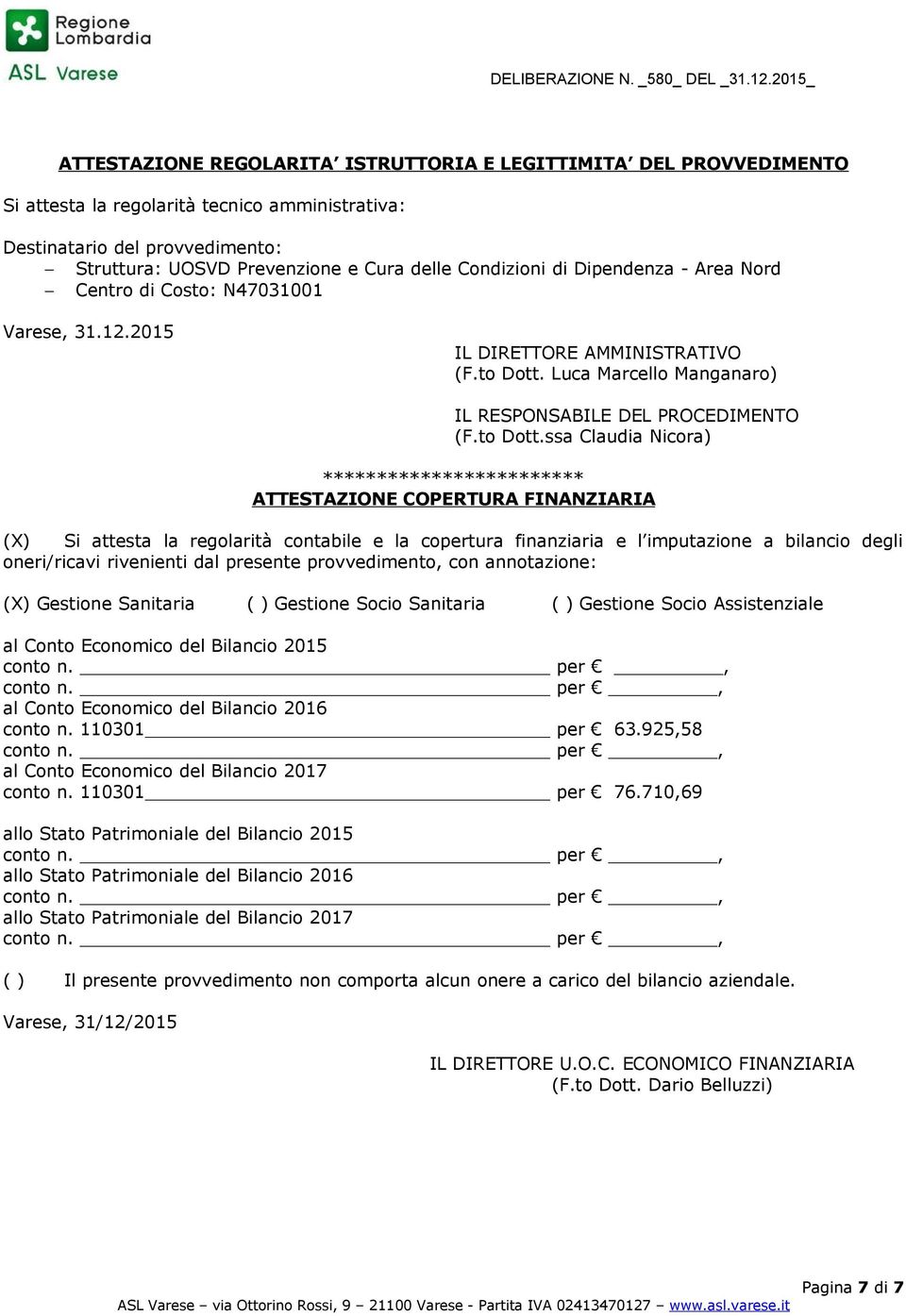 Condizioni di Dipendenza - Area Nord Centro di Costo: N47031001 Varese, 31.12.2015 IL DIRETTORE AMMINISTRATIVO (F.to Dott.