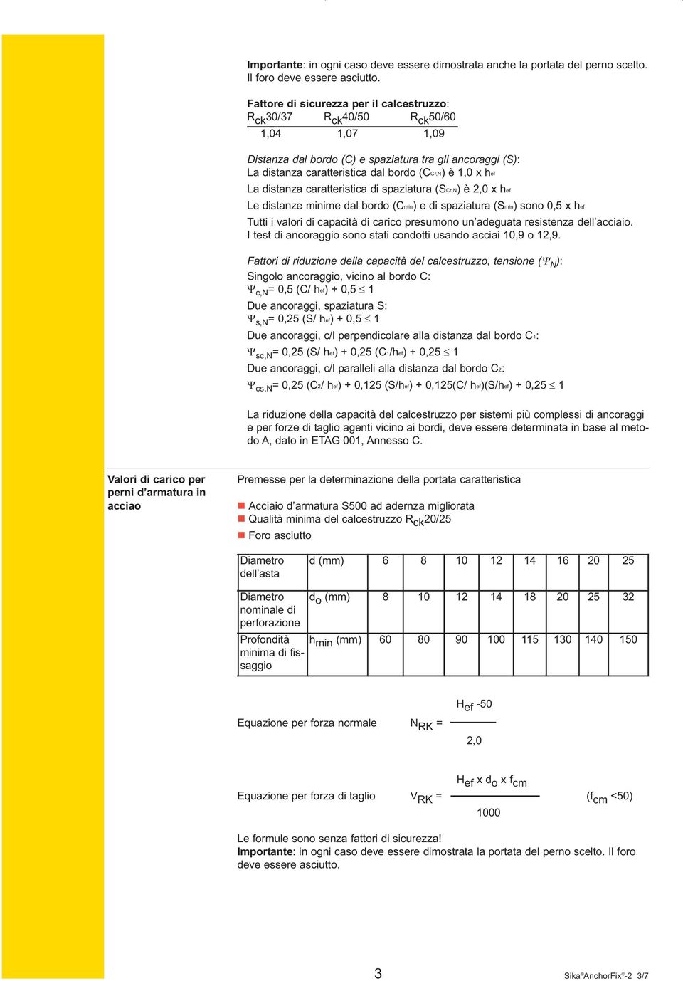 x hef La distanza caratteristica di spaziatura (SCr,N) è 2,0 x hef Le distanze minime dal bordo (Cmin) e di spaziatura (Smin) sono 0,5 x hef Tutti i valori di capacità di carico presumono un adeguata