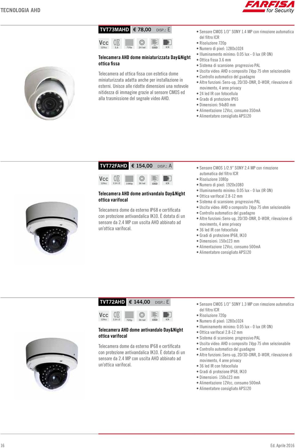 Unisce alle ridotte dimensioni una notevole nitidezza di immagine grazie al sensore CMOS ed alla trasmissione del segnale video AHD. Sensore CMOS 1/3 SONY 1.