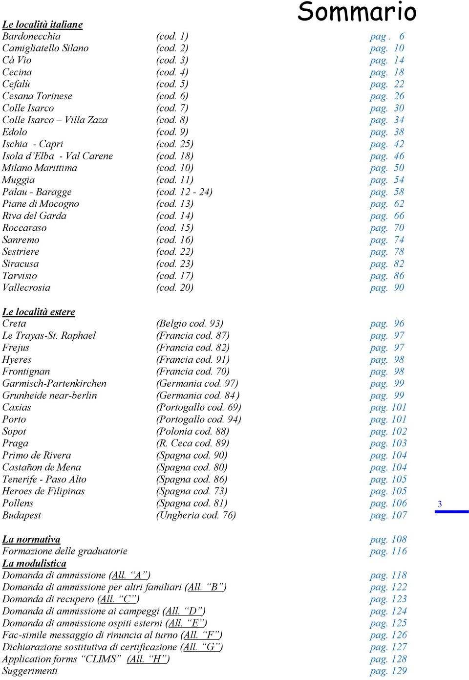 10) pag. 50 Muggia (cod. 11) pag. 54 Palau - Baragge (cod. 12-24) pag. 58 Piane di Mocogno (cod. 13) pag. 62 Riva del Garda (cod. 14) pag. 66 Roccaraso (cod. 15) pag. 70 Sanremo (cod. 16) pag.