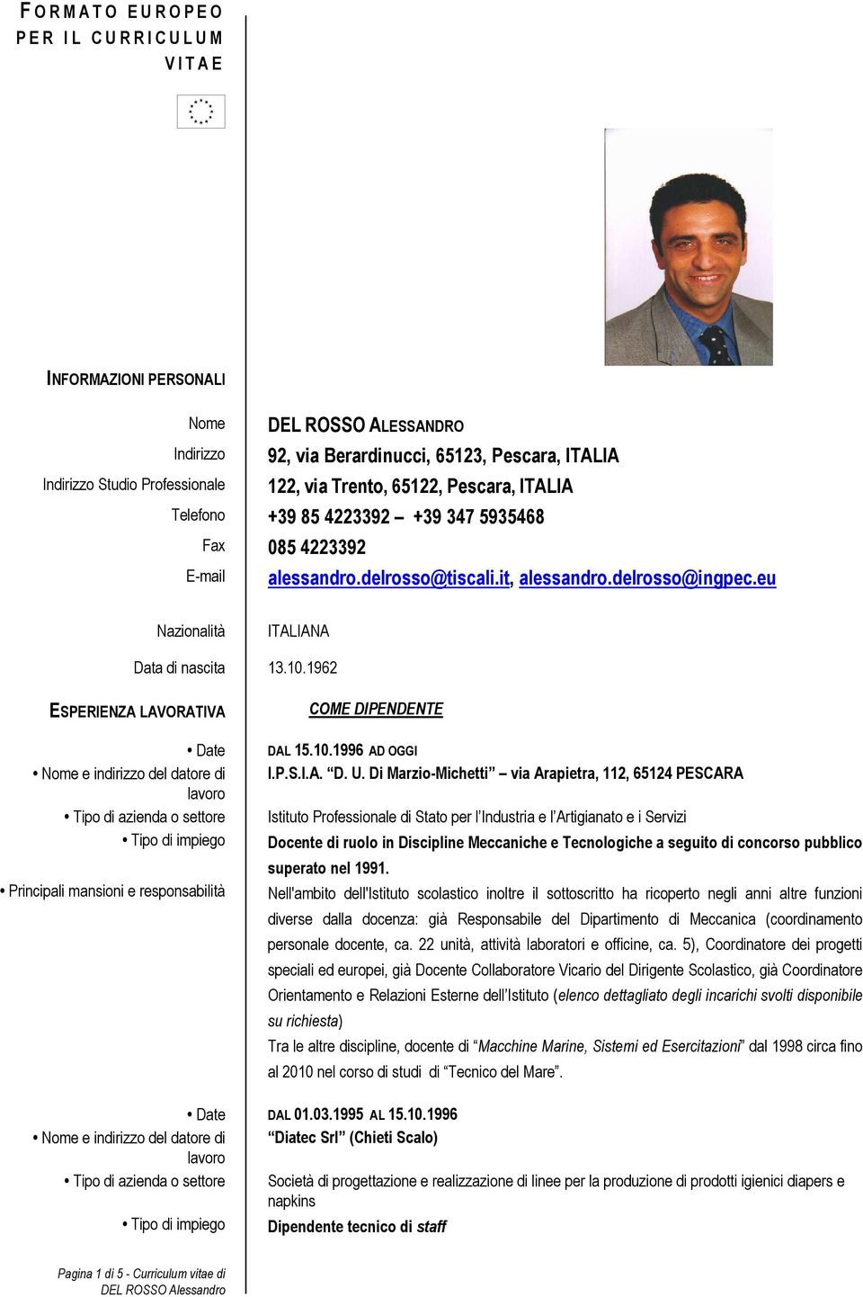 eu Nazionalità ITALIANA Data di nascita 13.10.1962 ESPERIENZA LAVORATIVA Date Nome e indirizzo del datore di Tipo di azienda o settore Tipo di impiego COME DIPENDENTE DAL 15.10.1996 AD OGGI I.P.S.I.A. D. U.