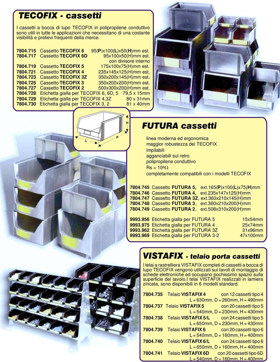 04.723 Cassetto TECOFIX 3Z 3x200x145(H)mm est. 04.725 Cassetto TECOFIX 3 3x200x200(H)mm est. 04.727 Cassetto TECOFIX 2 0x300x200(H)mm est. 04.728 Etichetta gialla per TECOFIX 6, 6D, 5 79,5 x 15mm 04.