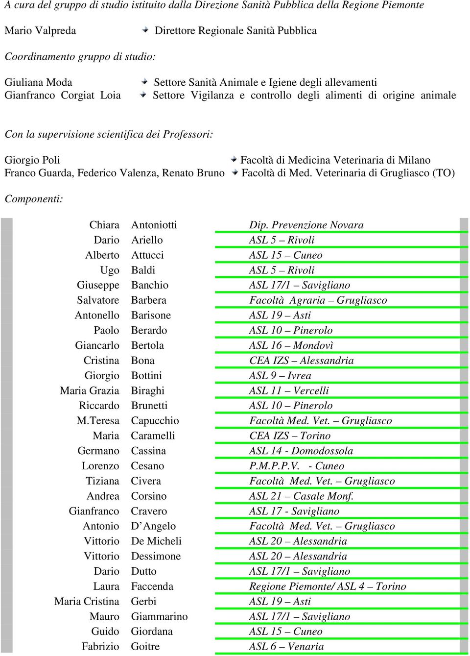 Franco Guarda, Federico Valenza, Renato Bruno Facoltà di Medicina Veterinaria di Milano Facoltà di Med. Veterinaria di Grugliasco (TO) Componenti: Chiara Antoniotti Dip.