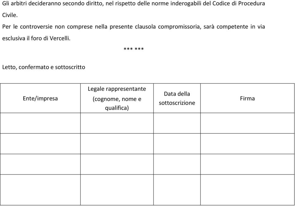 Per le controversie non comprese nella presente clausola compromissoria, sarà competente in