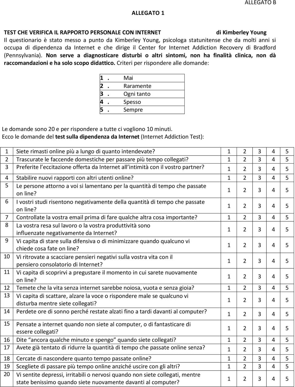 Non serve a diagnosticare disturbi o altri sintomi, non ha finalità clinica, non dà raccomandazioni e ha solo scopo didattico. Criteri per rispondere alle domande: 1. Mai 2. Raramente 3. Ogni tanto 4.