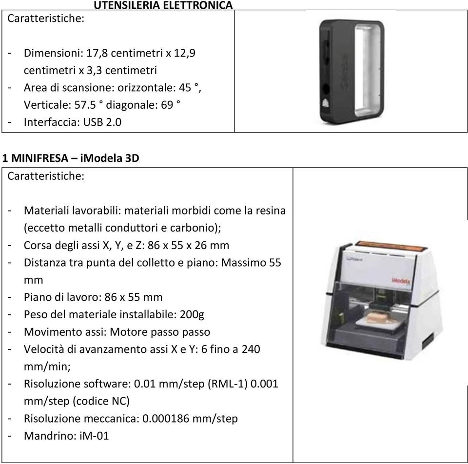 0 1 MINIFRESA imodela 3D - Materiali lavorabili: materiali morbidi come la resina (eccetto metalli conduttori e carbonio); - Corsa degli assi X, Y, e Z: 86 x 55 x 26 mm -