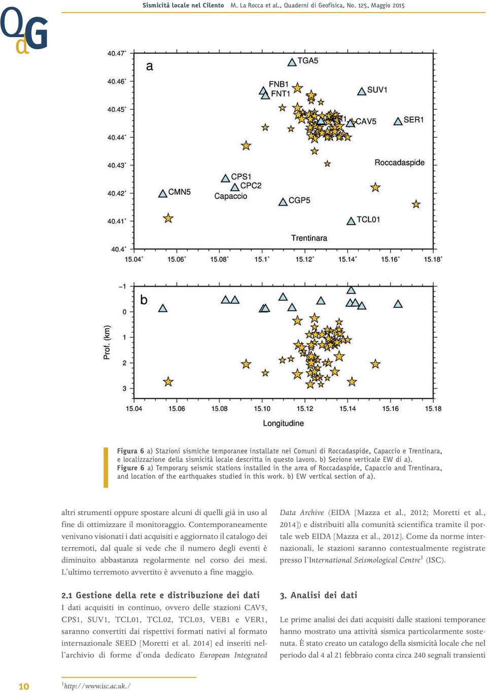 b) Sezione verticale EW di a). Figure 6 a) Temporary seismic stations installed in the area of Roccadaspide, Capaccio and Trentinara, and location of the earthquakes studied in this work.