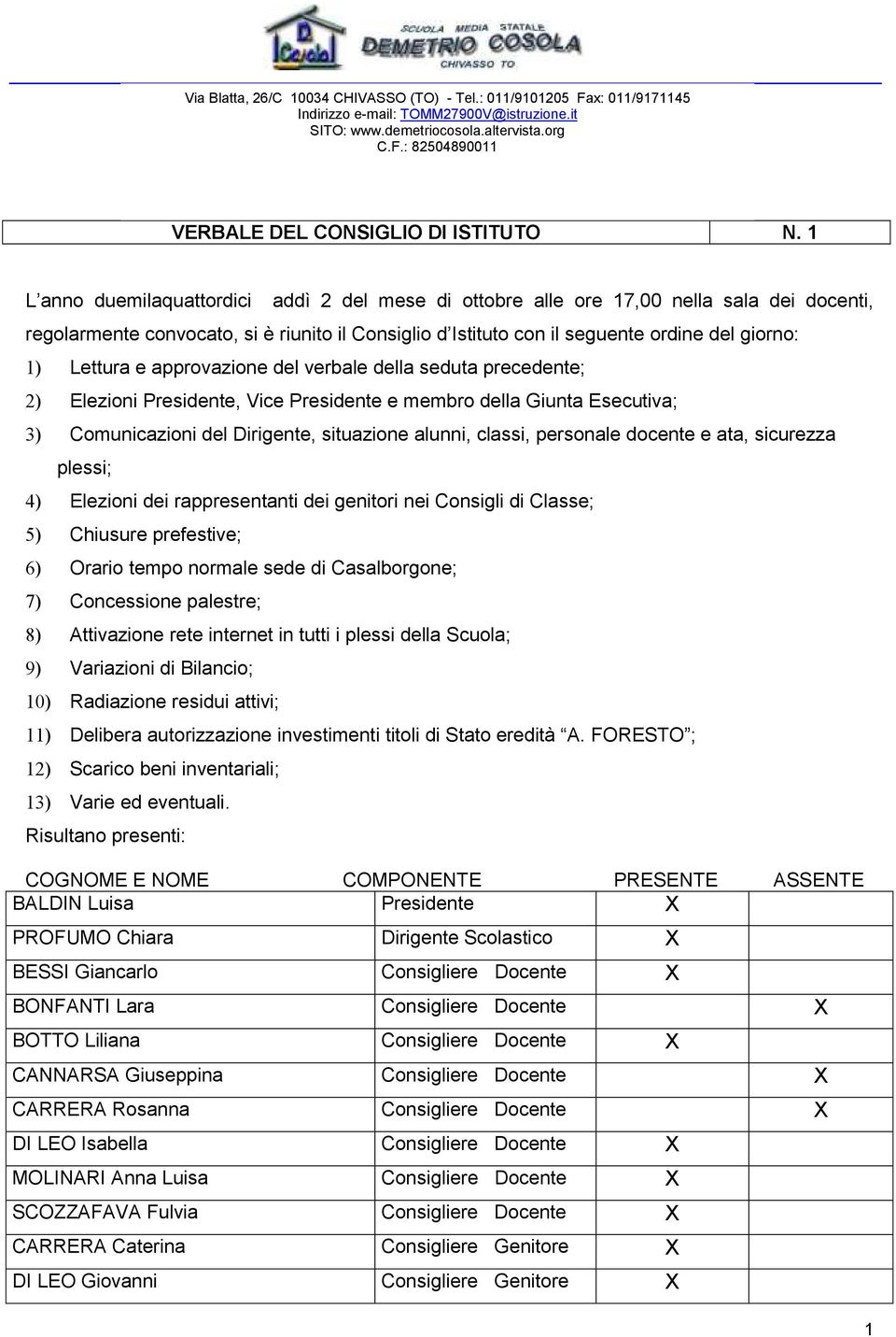 Lettura e approvazione del verbale della seduta precedente; 2) Elezioni Presidente, Vice Presidente e membro della Giunta Esecutiva; 3) Comunicazioni del Dirigente, situazione alunni, classi,