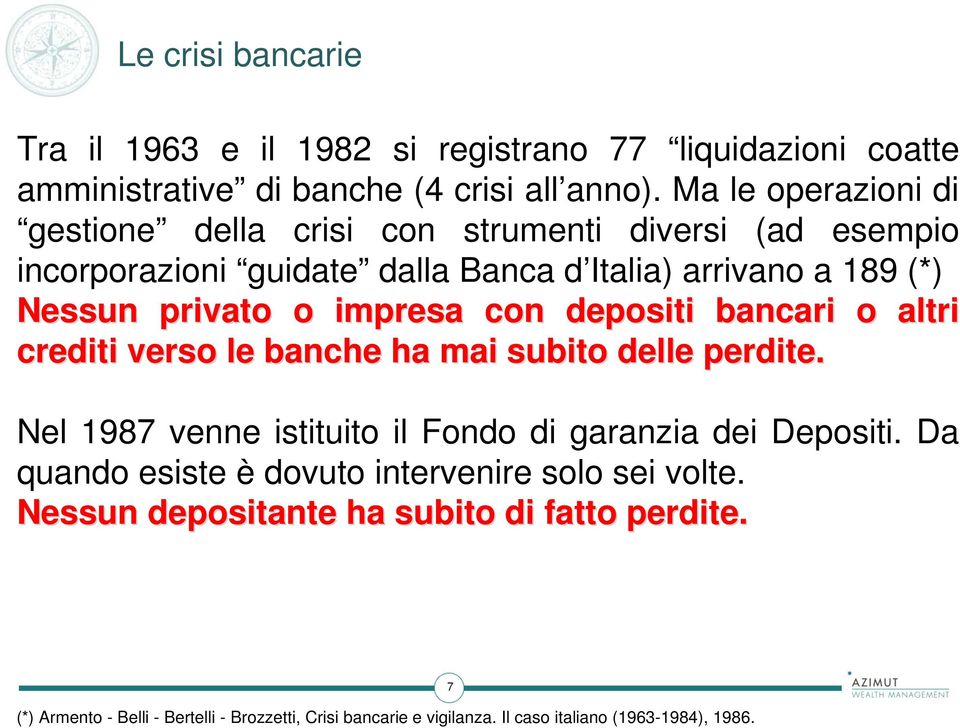 impresa con depositi bancari o altri crediti verso le banche ha mai subito delle perdite. Nel 1987 venne istituito il Fondo di garanzia dei Depositi.